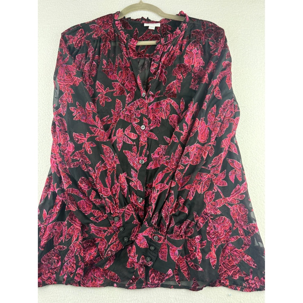 J. Jill Womens Burnout Velvet Paisley Blouse‎ Magenta Black Ruffle Collar Size M